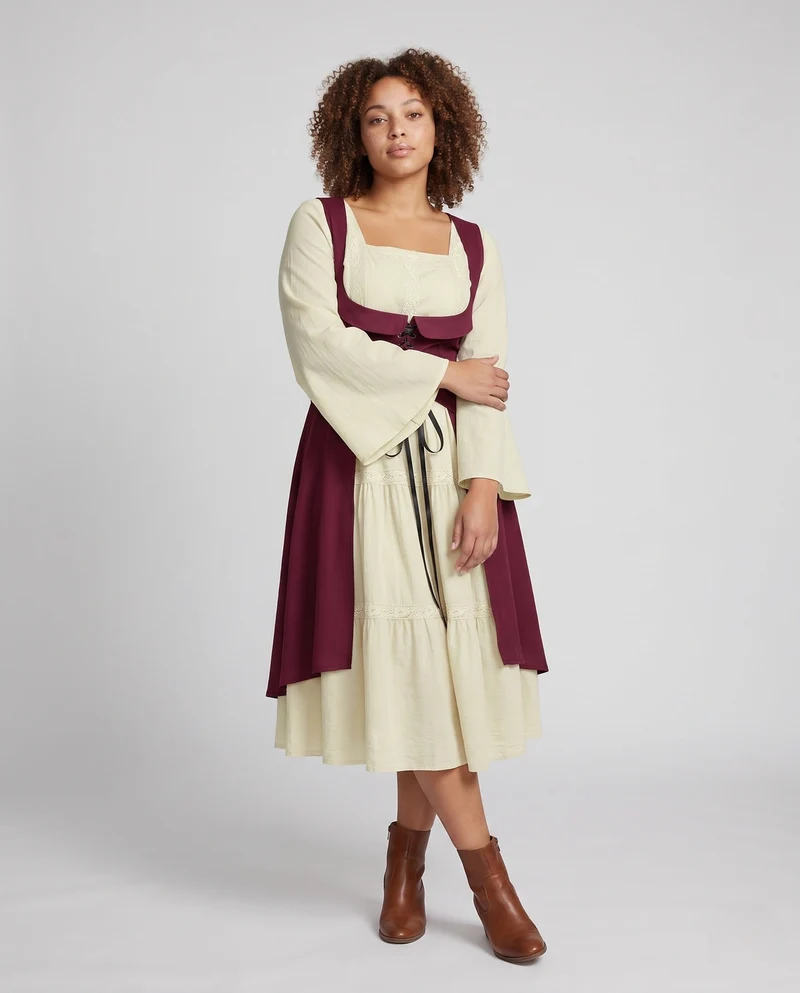 Damen Langkleid mit künstlerischem Ausschnitt und nostalgischen Schnürdetails Drune