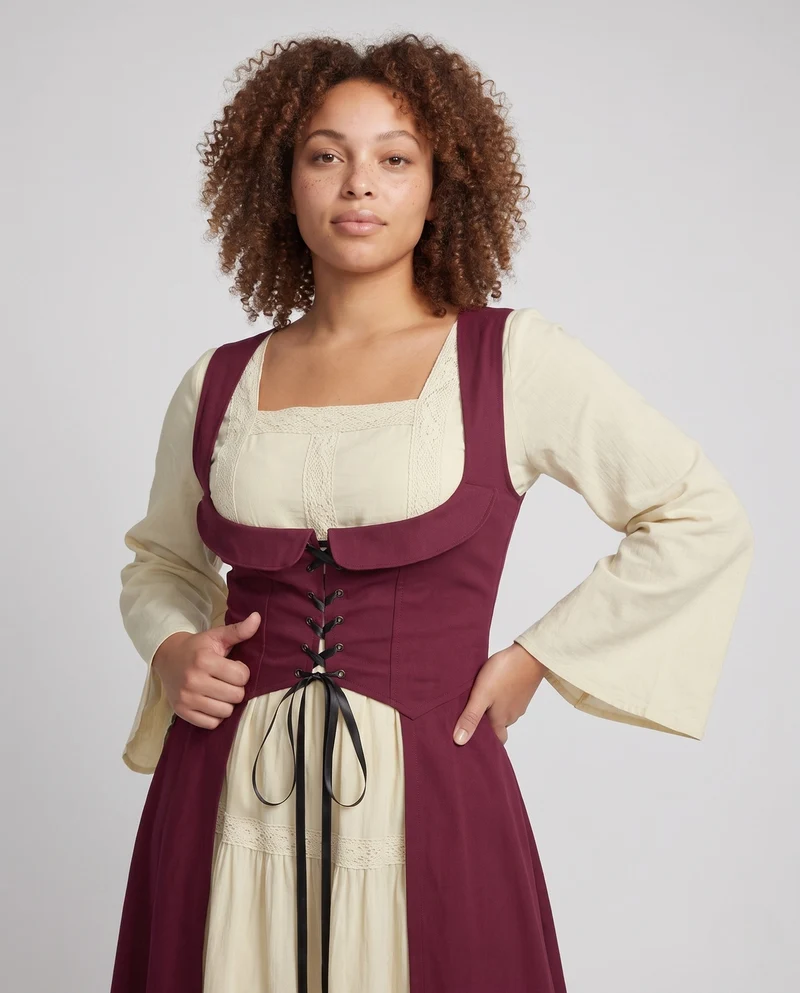 Damen Langkleid mit künstlerischem Ausschnitt und nostalgischen Schnürdetails Drune