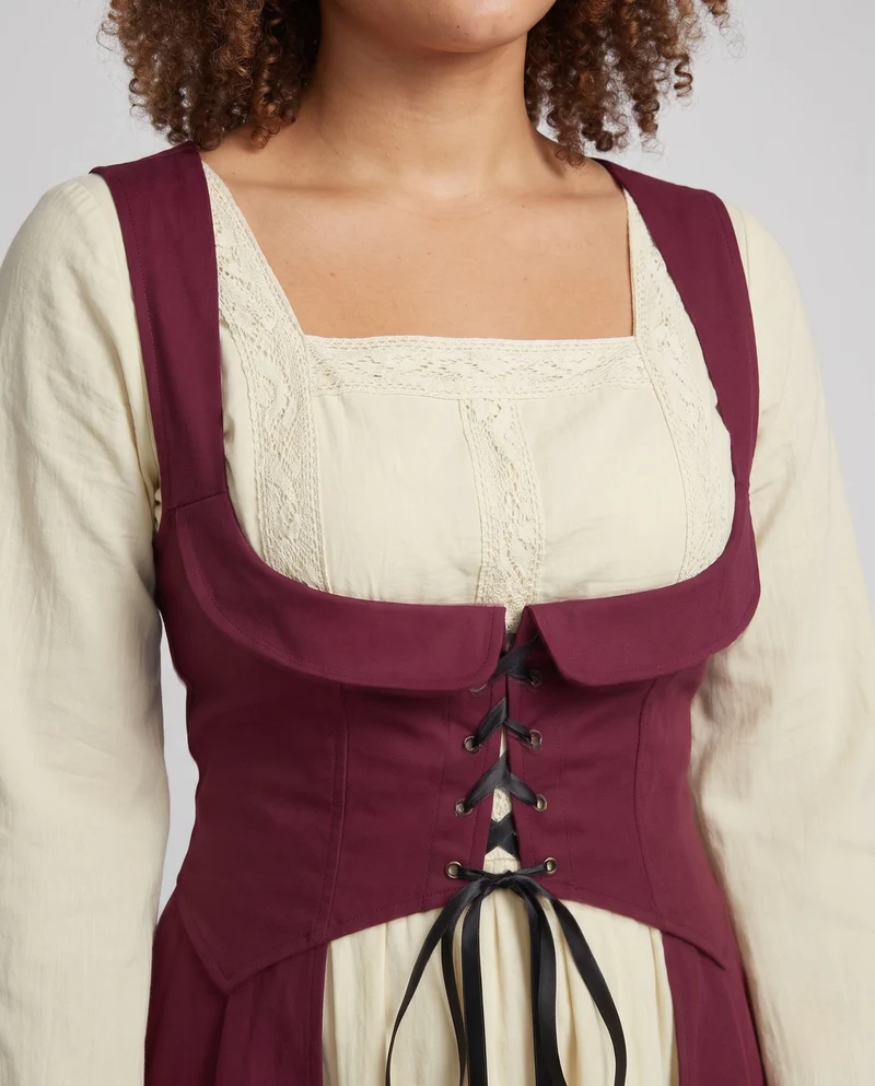 Damen Langkleid mit künstlerischem Ausschnitt und nostalgischen Schnürdetails Drune