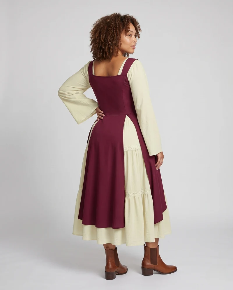 Damen Langkleid mit künstlerischem Ausschnitt und nostalgischen Schnürdetails Drune