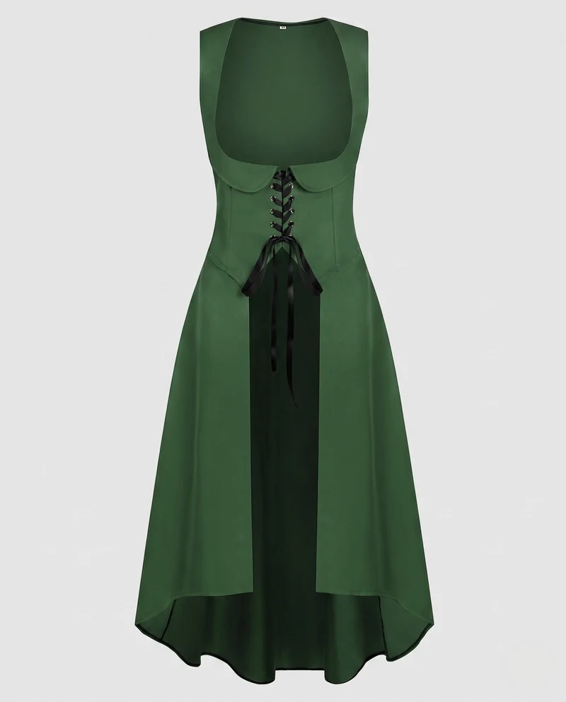 Damen Langkleid mit künstlerischem Ausschnitt und nostalgischen Schnürdetails Drune