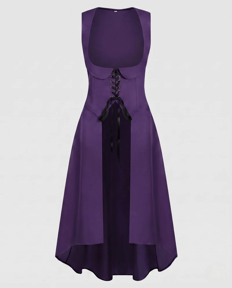 Damen Langkleid mit künstlerischem Ausschnitt und nostalgischen Schnürdetails Drune