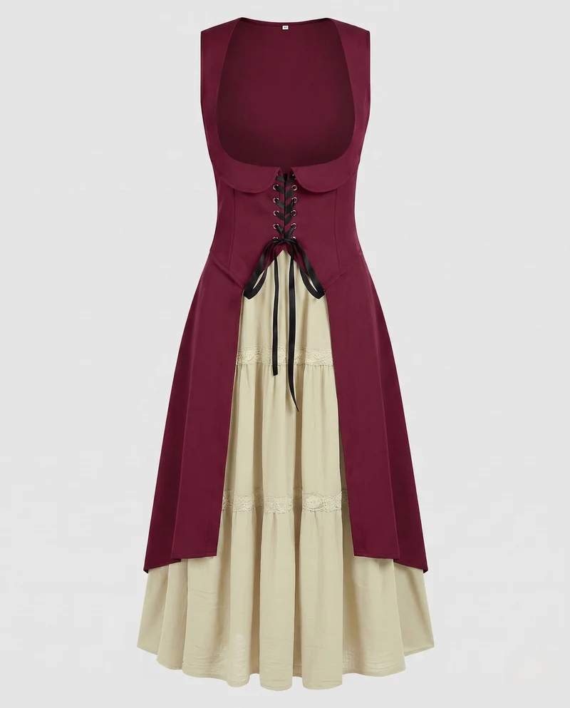 Damen Langkleid mit künstlerischem Ausschnitt und nostalgischen Schnürdetails Drune