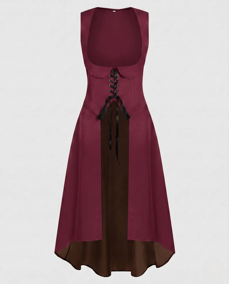 Damen Langkleid mit künstlerischem Ausschnitt und nostalgischen Schnürdetails Drune