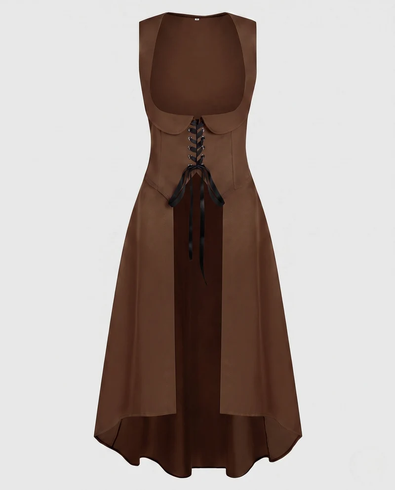 Damen Langkleid mit künstlerischem Ausschnitt und nostalgischen Schnürdetails Drune