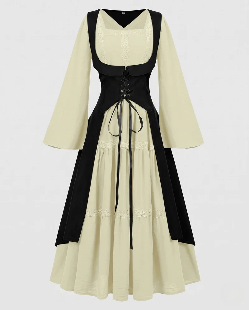 Damen Langkleid mit künstlerischem Ausschnitt und nostalgischen Schnürdetails Drune