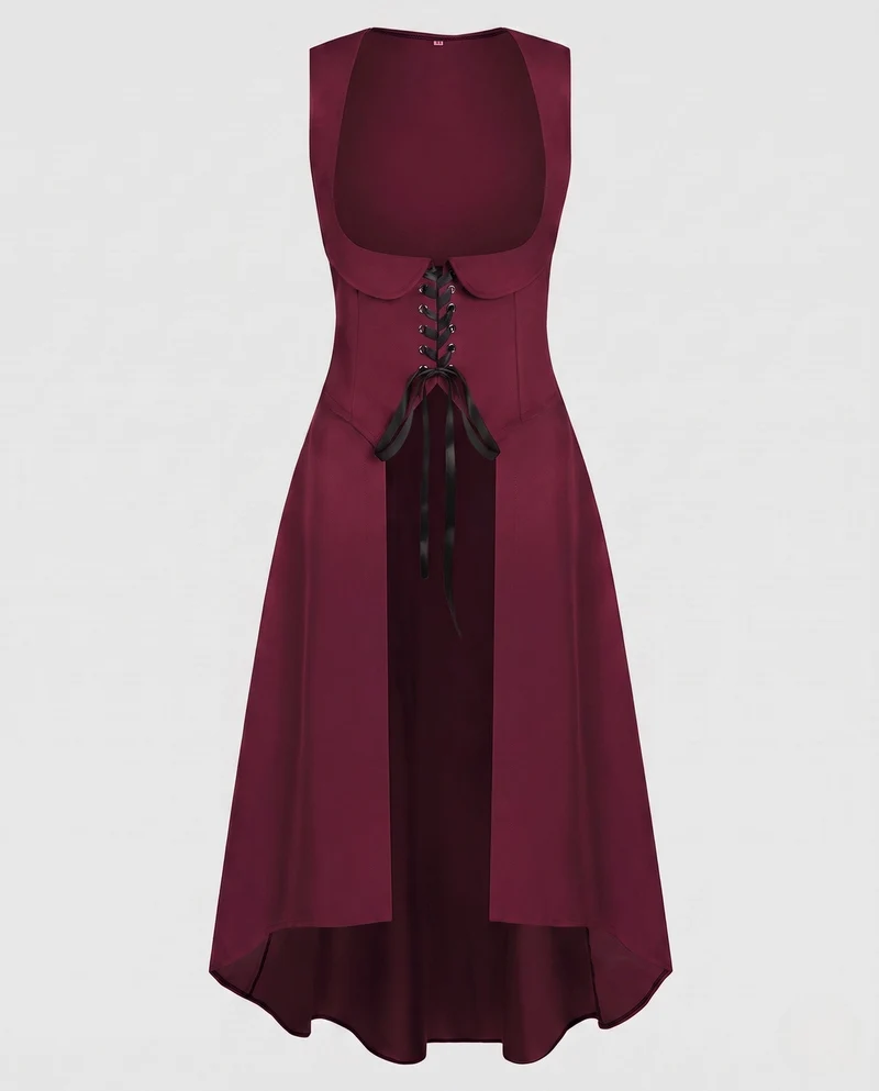 Damen Langkleid mit künstlerischem Ausschnitt und nostalgischen Schnürdetails Drune