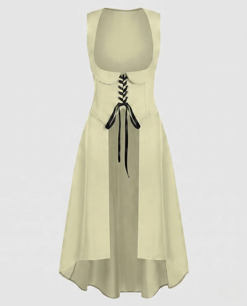 Damen Langkleid mit künstlerischem Ausschnitt und nostalgischen Schnürdetails Drune