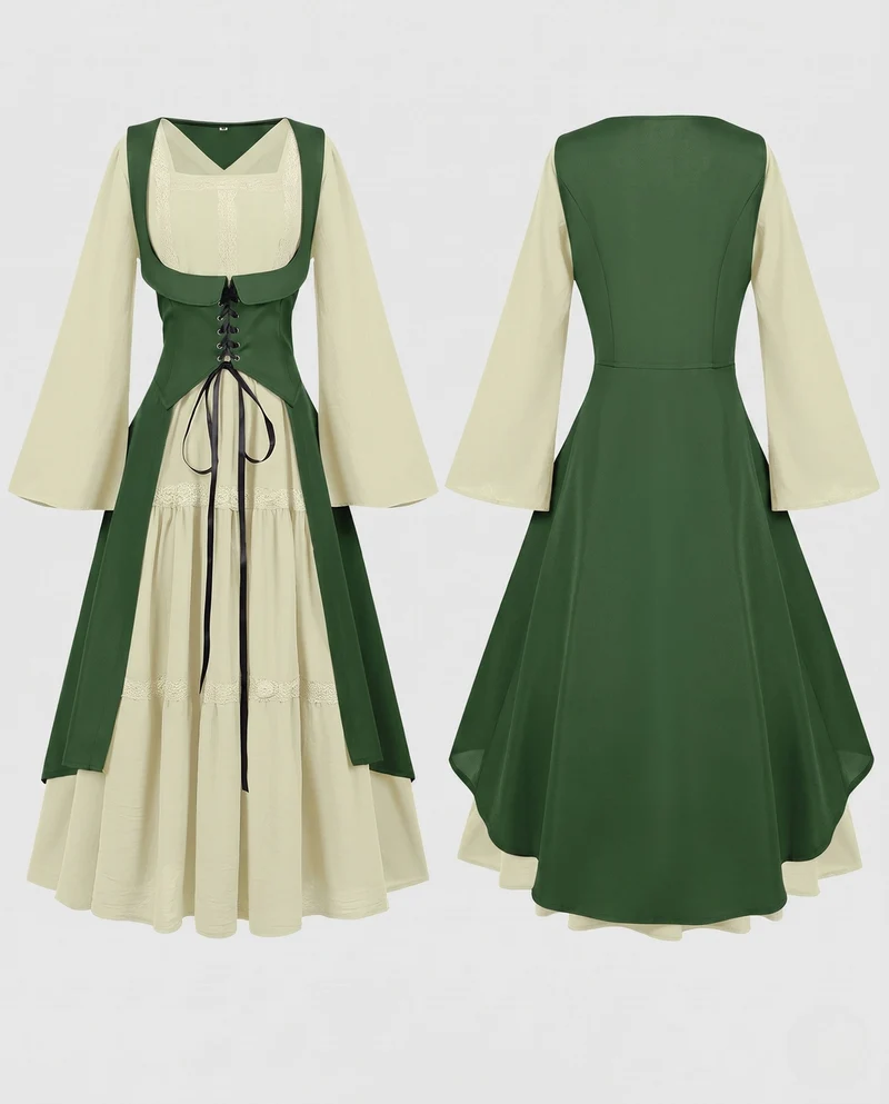 Damen Langkleid mit künstlerischem Ausschnitt und nostalgischen Schnürdetails Drune