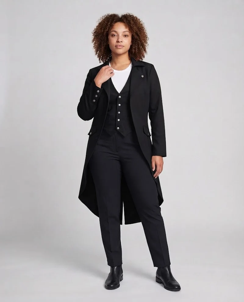 Damen Langmantel mit asymmetrischem Schnitt und aufwändigen Knopfdetails Drune