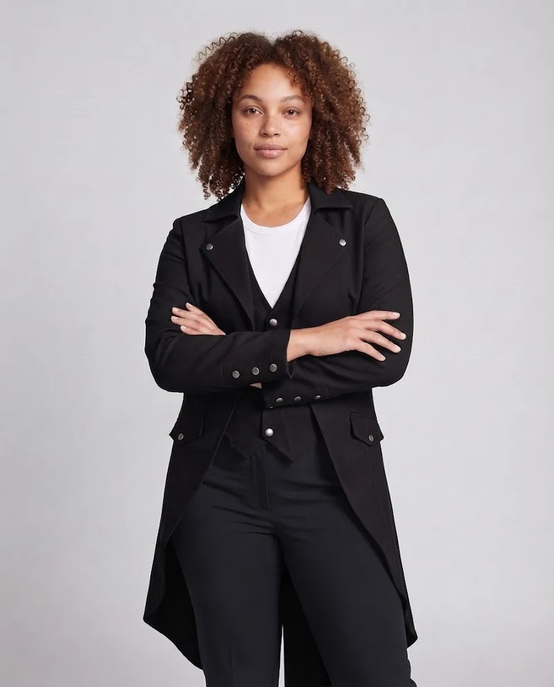 Damen Langmantel mit asymmetrischem Schnitt und aufwändigen Knopfdetails Drune