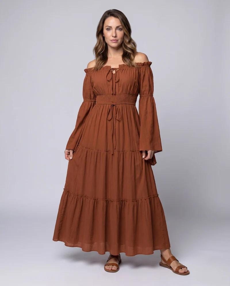 Damen Maxi Kleid mit luftigen Puffärmeln und elastischem Taillengürtel Drune