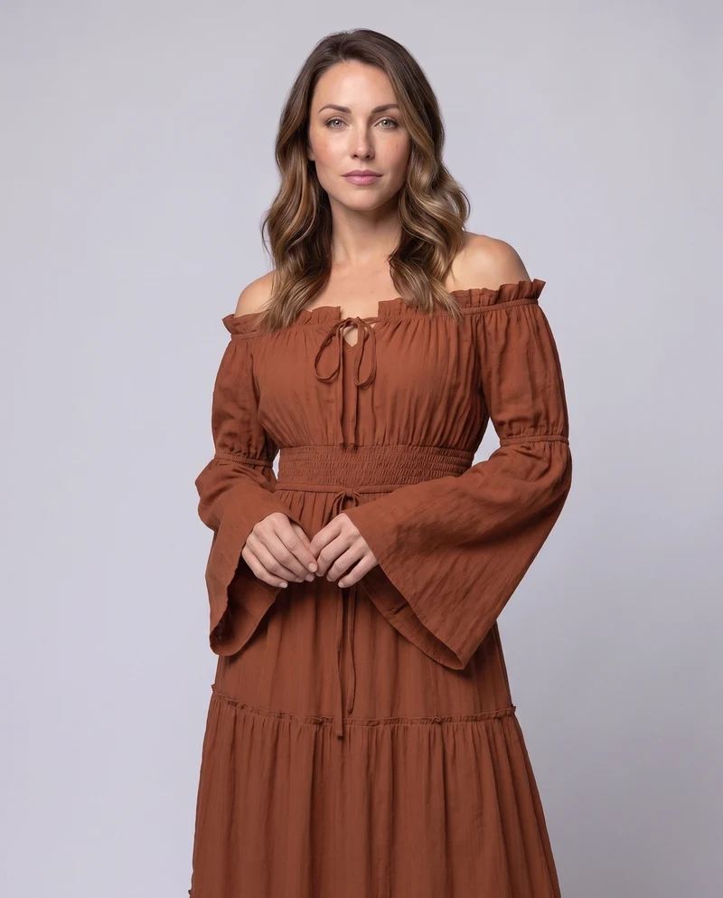 Damen Maxi Kleid mit luftigen Puffärmeln und elastischem Taillengürtel Drune