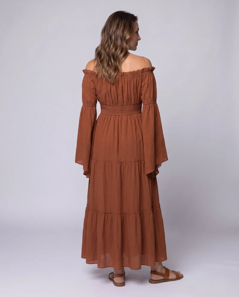 Damen Maxi Kleid mit luftigen Puffärmeln und elastischem Taillengürtel Drune