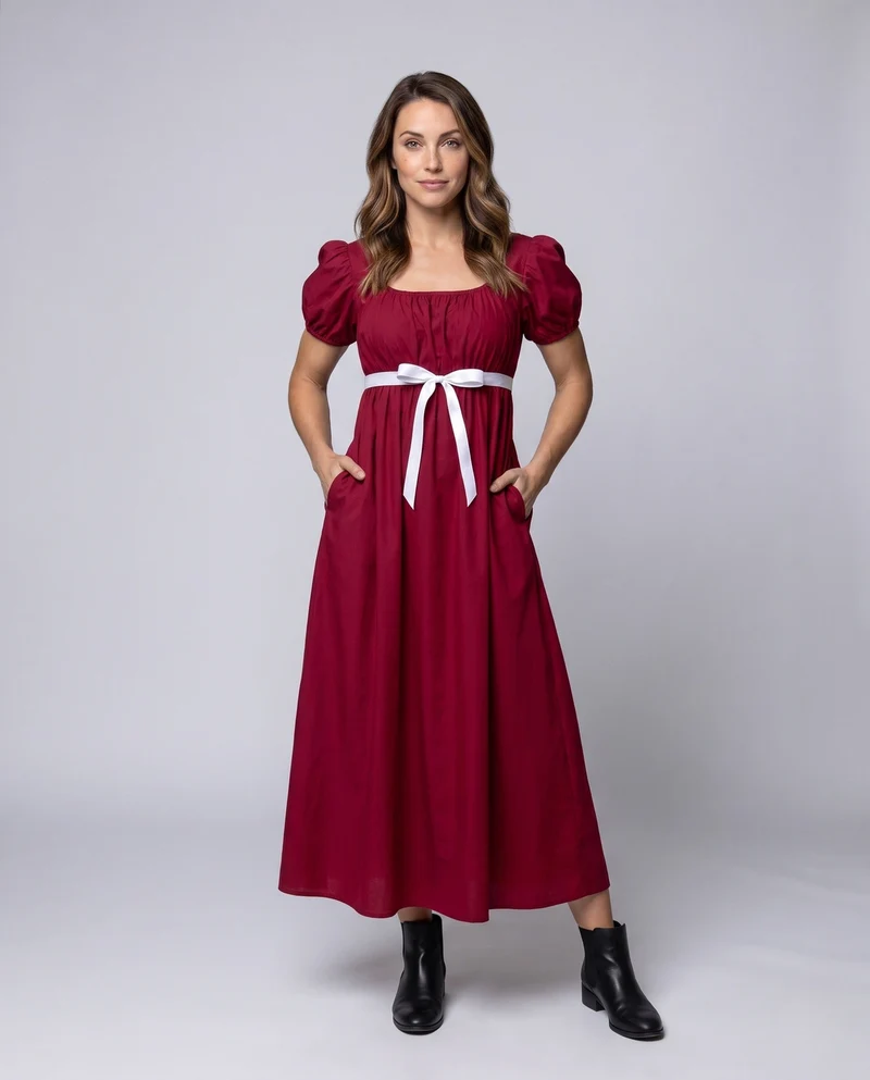 Damen Maxikleid mit elastischen Puffärmeln und verstellbarem Taillenbund Drune