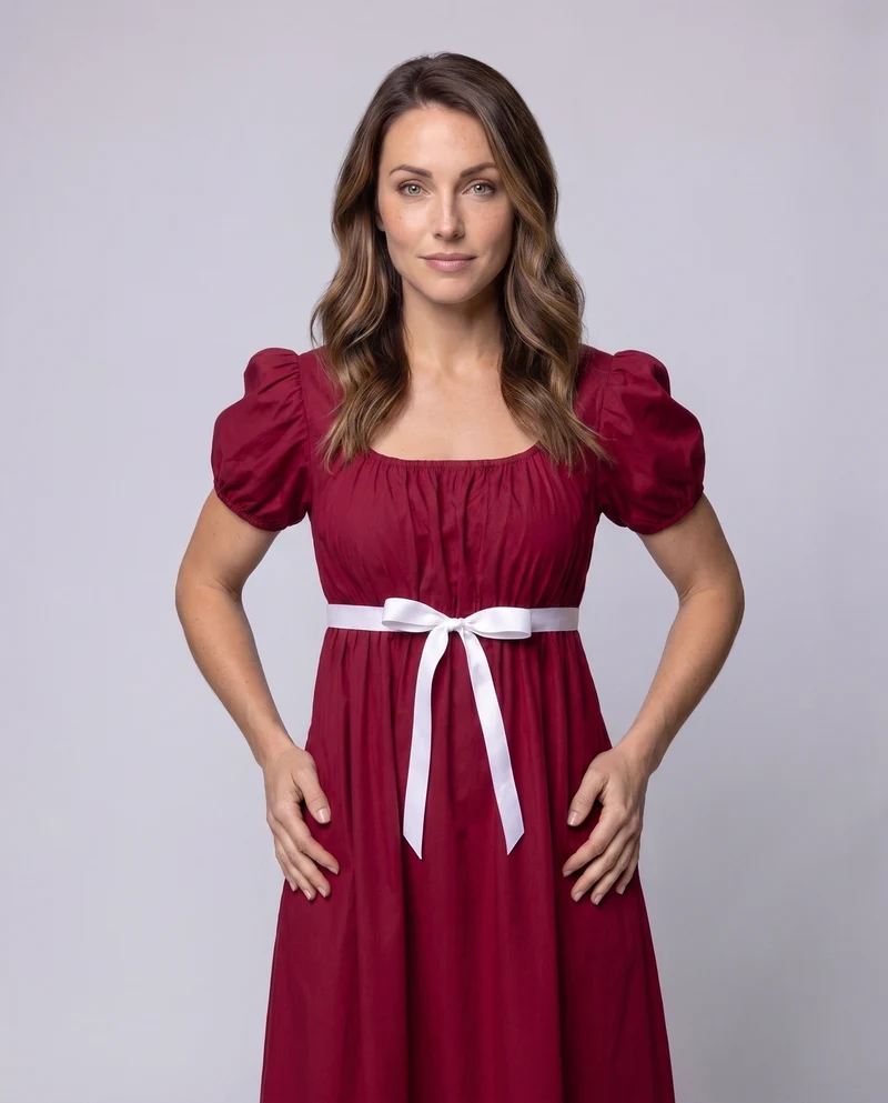 Damen Maxikleid mit elastischen Puffärmeln und verstellbarem Taillenbund Drune
