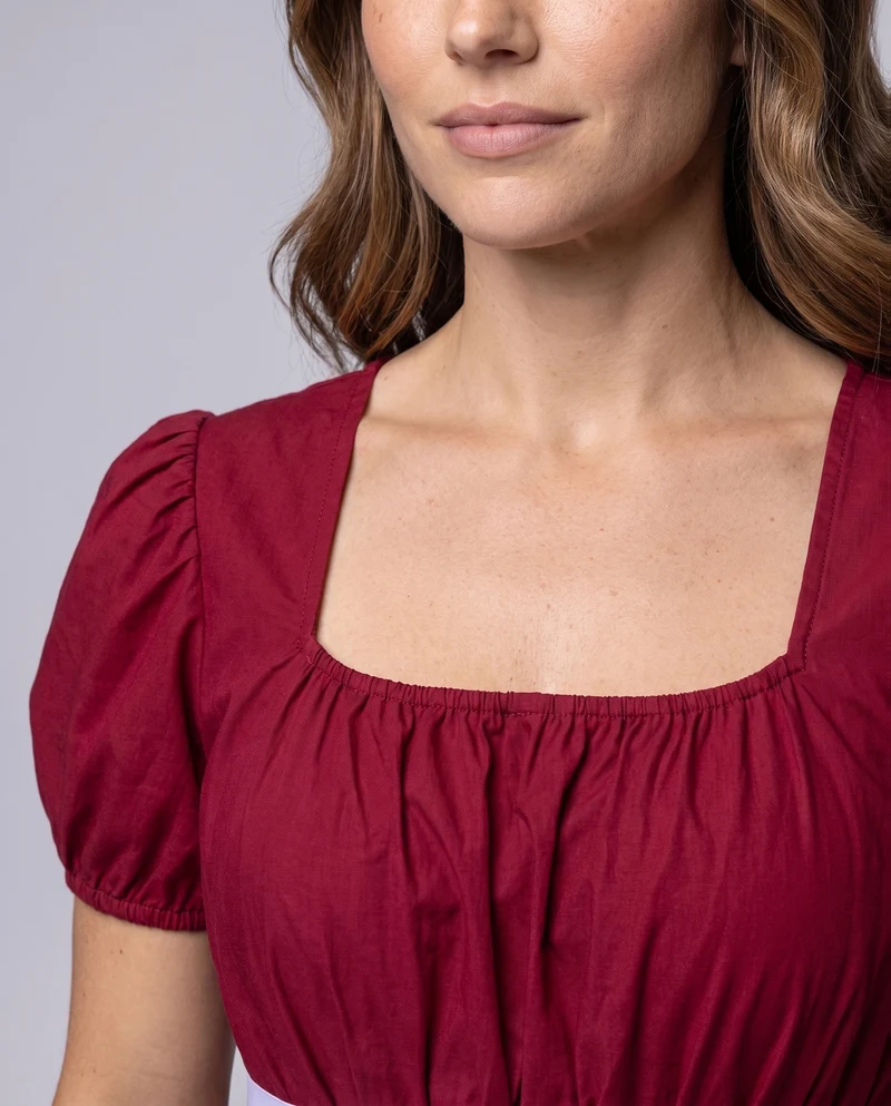 Damen Maxikleid mit elastischen Puffärmeln und verstellbarem Taillenbund Drune