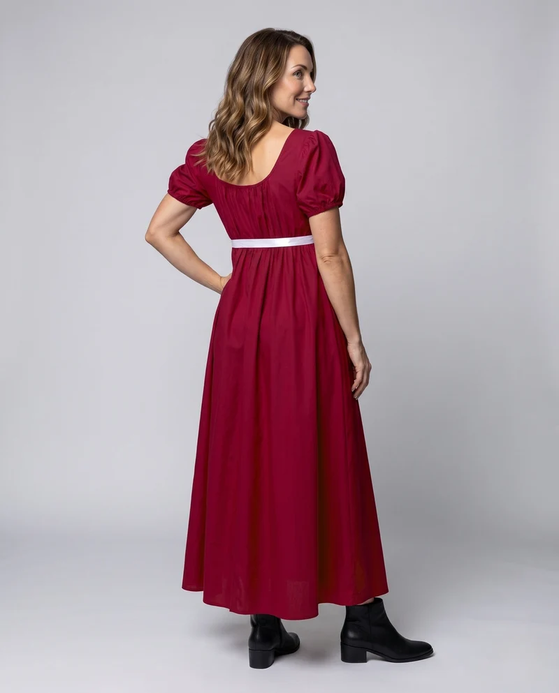 Damen Maxikleid mit elastischen Puffärmeln und verstellbarem Taillenbund Drune
