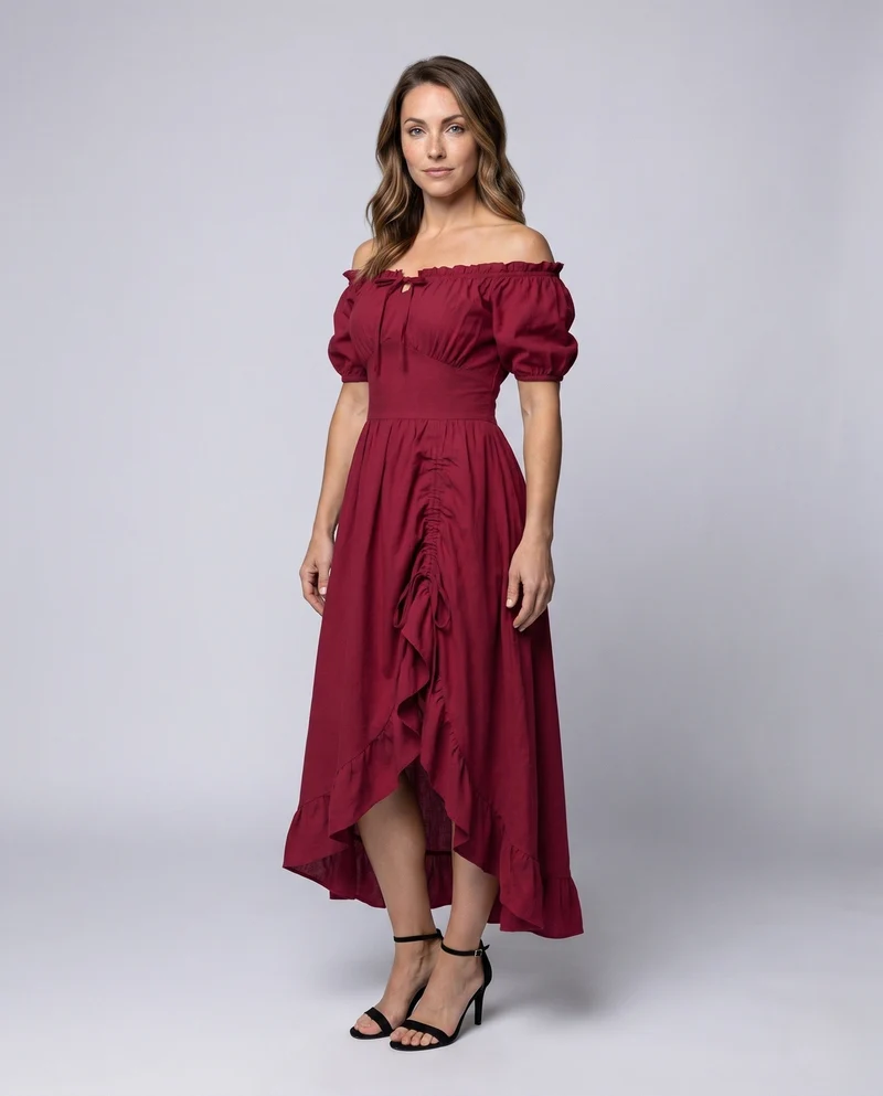Damen Maxikleid mit schulterfreien Puffärmeln und Rüschendetails Drune