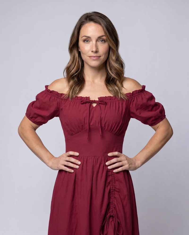 Damen Maxikleid mit schulterfreien Puffärmeln und Rüschendetails Drune