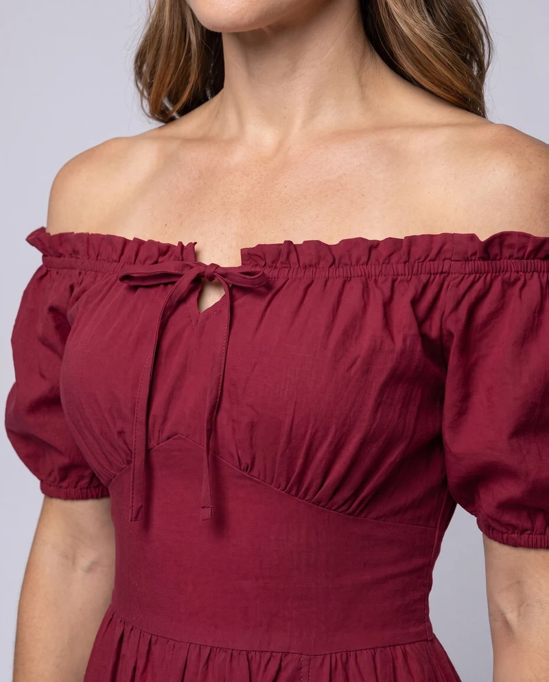 Damen Maxikleid mit schulterfreien Puffärmeln und Rüschendetails Drune