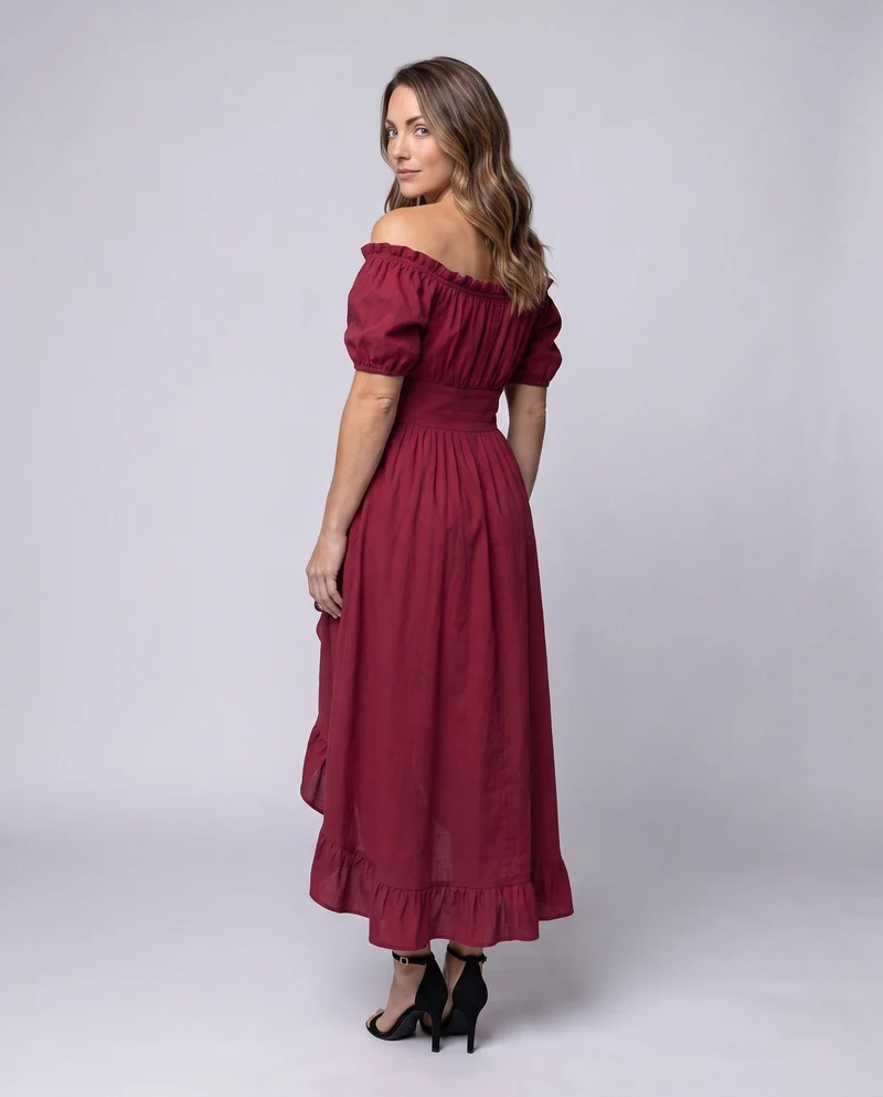 Damen Maxikleid mit schulterfreien Puffärmeln und Rüschendetails Drune