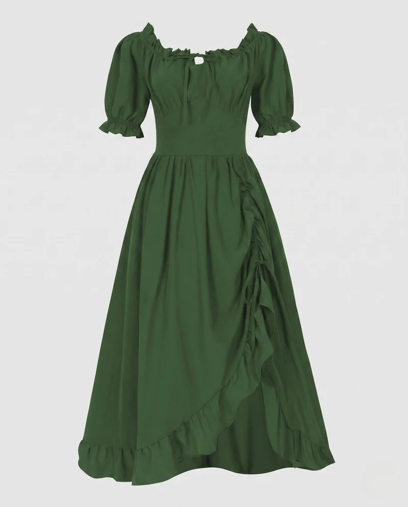 Damen Maxikleid mit schulterfreien Puffärmeln und Rüschendetails Drune