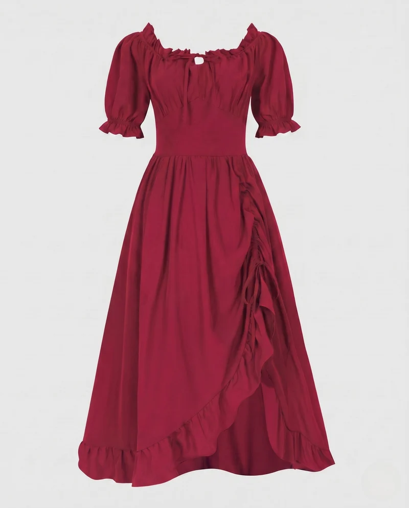 Damen Maxikleid mit schulterfreien Puffärmeln und Rüschendetails Drune