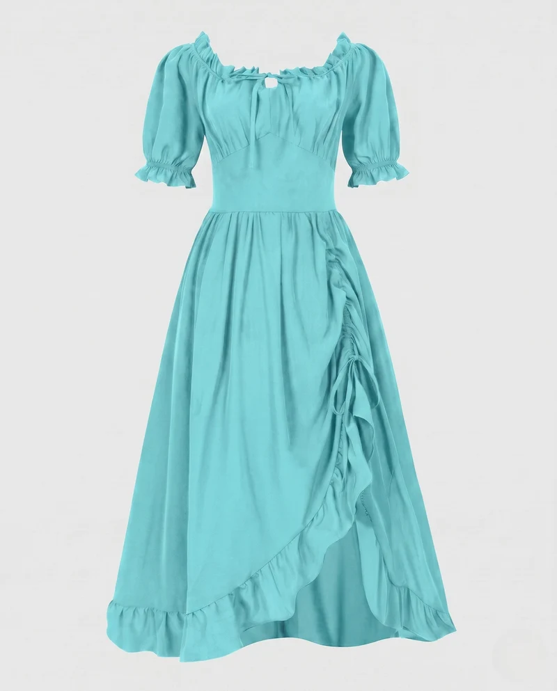 Damen Maxikleid mit schulterfreien Puffärmeln und Rüschendetails Drune