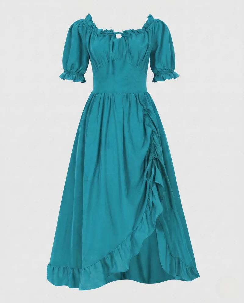Damen Maxikleid mit schulterfreien Puffärmeln und Rüschendetails Drune