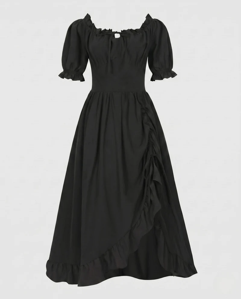 Damen Maxikleid mit schulterfreien Puffärmeln und Rüschendetails Drune