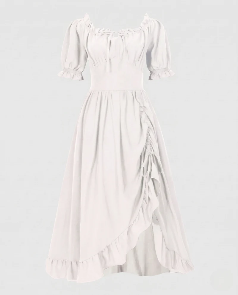 Damen Maxikleid mit schulterfreien Puffärmeln und Rüschendetails Drune