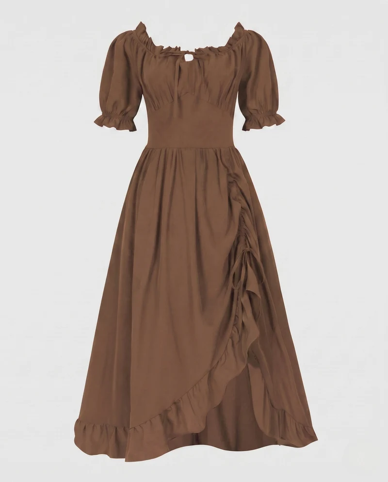 Damen Maxikleid mit schulterfreien Puffärmeln und Rüschendetails Drune