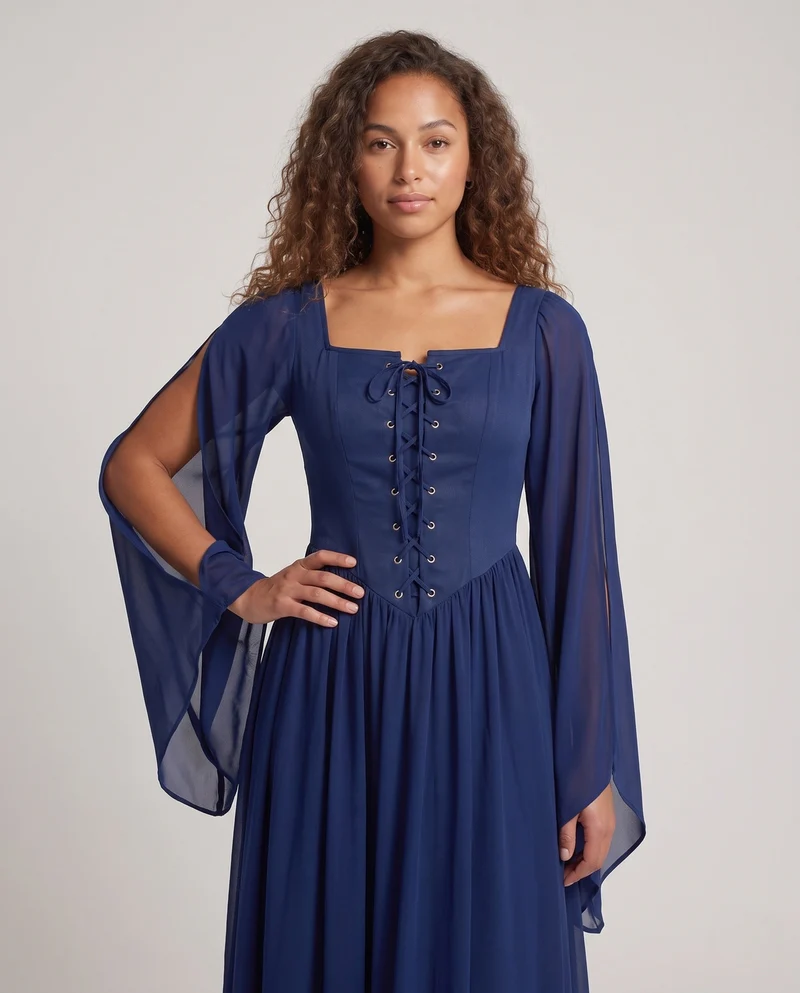 Damen Maxikleid mit transparenten Ärmeln und Schnürdetails Drune