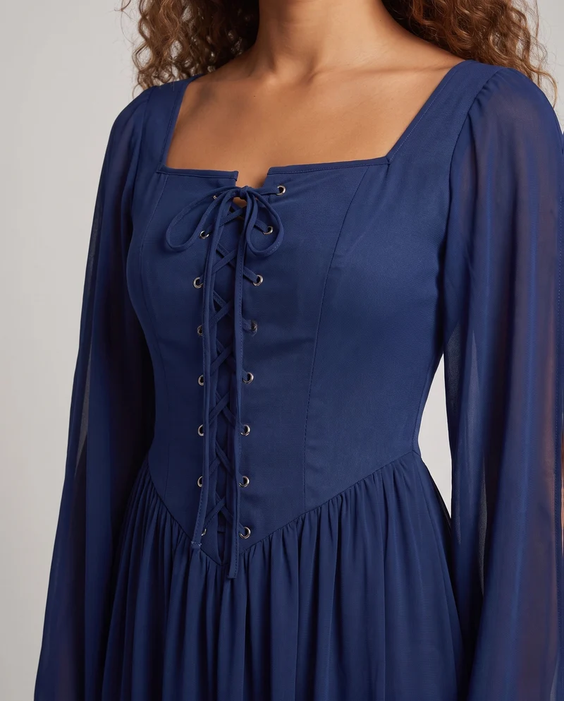 Damen Maxikleid mit transparenten Ärmeln und Schnürdetails Drune
