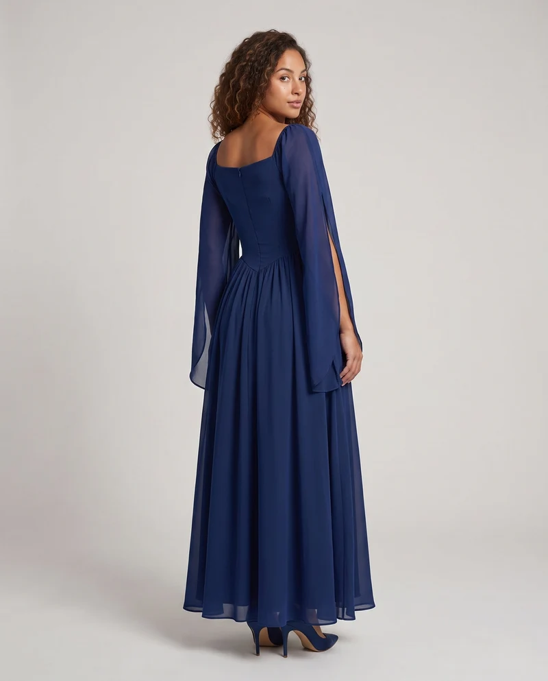 Damen Maxikleid mit transparenten Ärmeln und Schnürdetails Drune