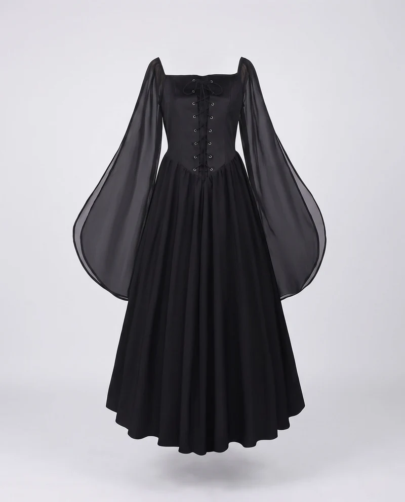 Damen Maxikleid mit transparenten Ärmeln und Schnürdetails Drune