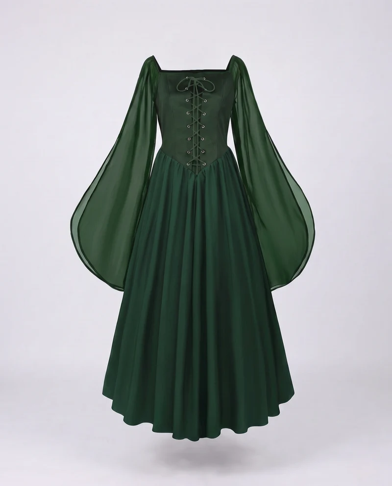 Damen Maxikleid mit transparenten Ärmeln und Schnürdetails Drune