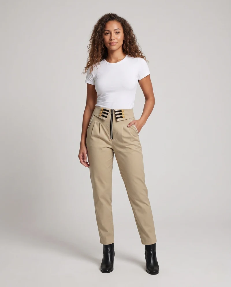 Damen modische hoch taillierte Hose mit dekorativen Knöpfen und Reißverschluss Drune
