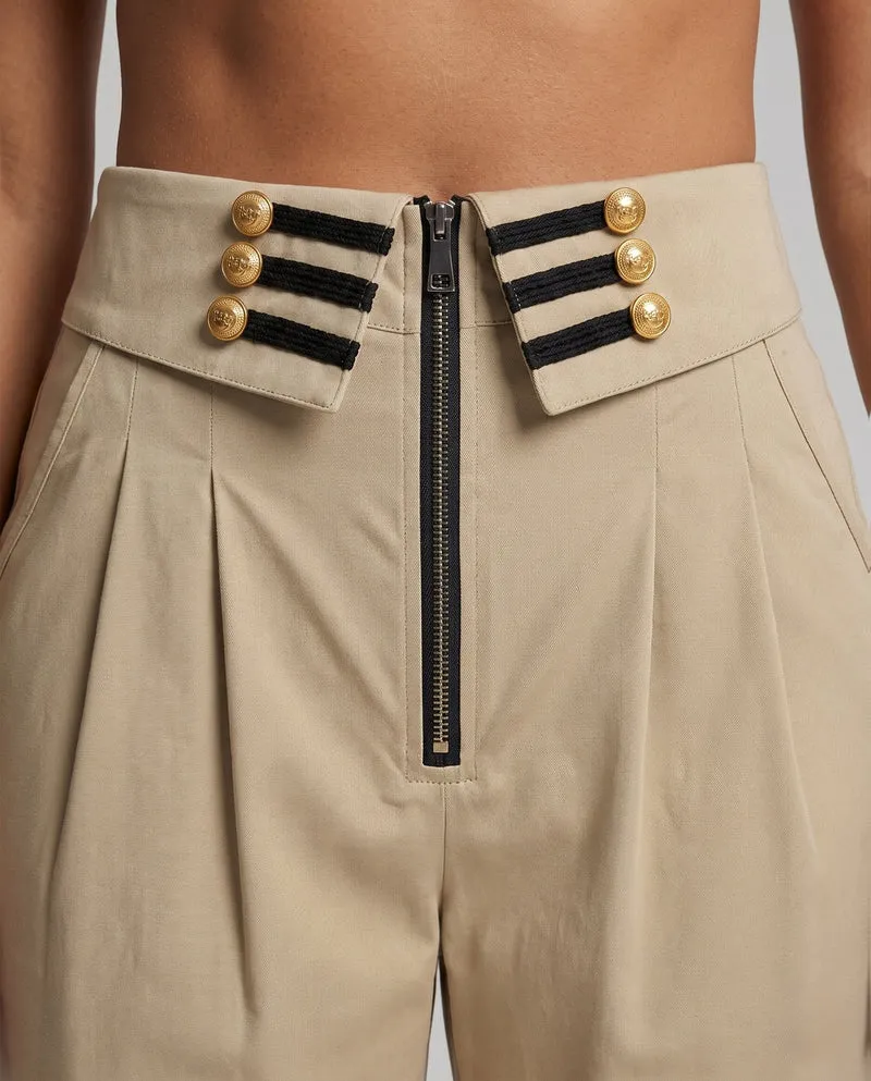 Damen modische hoch taillierte Hose mit dekorativen Knöpfen und Reißverschluss Drune