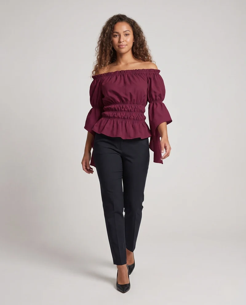 Damen Off-Shoulder Bluse mit Rüschensleeves und elastischem Band Drune