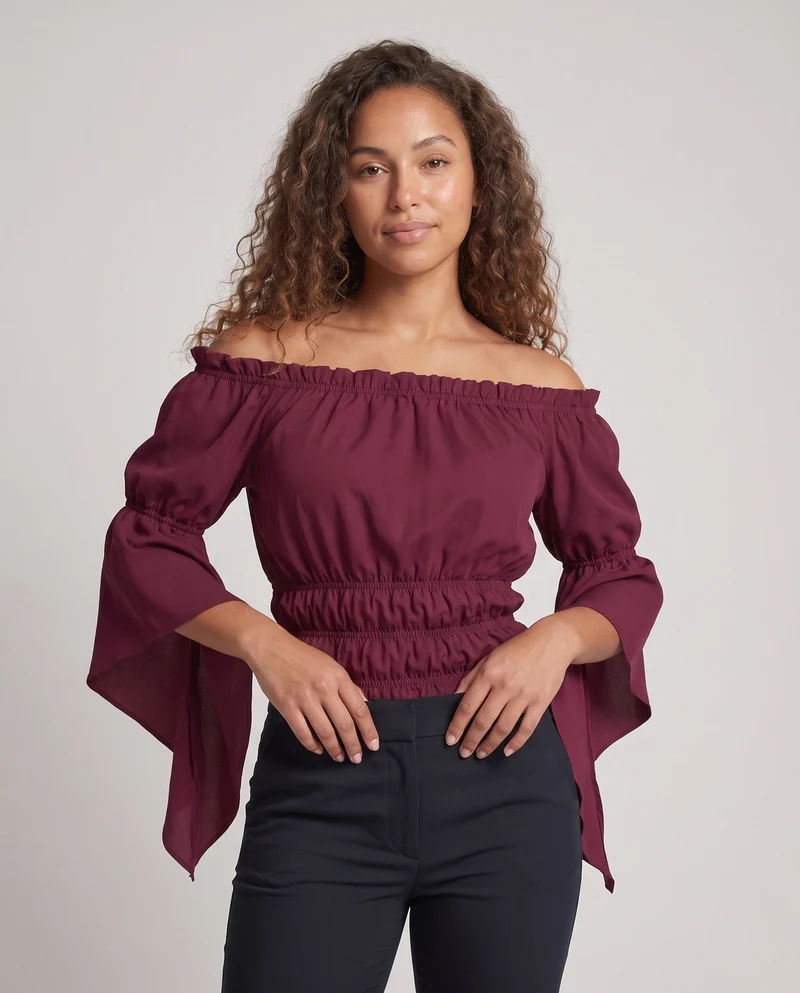 Damen Off-Shoulder Bluse mit Rüschensleeves und elastischem Band Drune