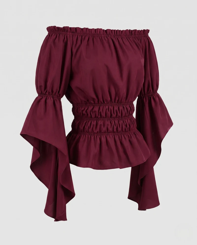Damen Off-Shoulder Bluse mit Rüschensleeves und elastischem Band Drune