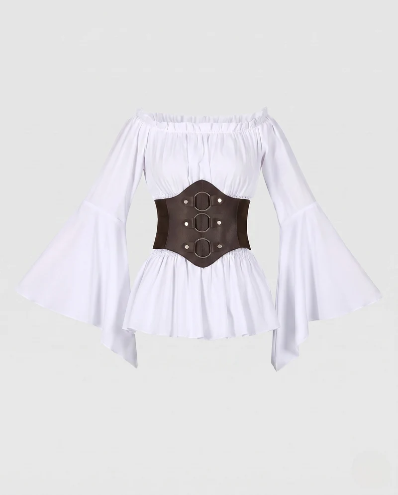 Damen Off-Shoulder Bluse mit Rüschensaum und tailliertem Korsett Kleid