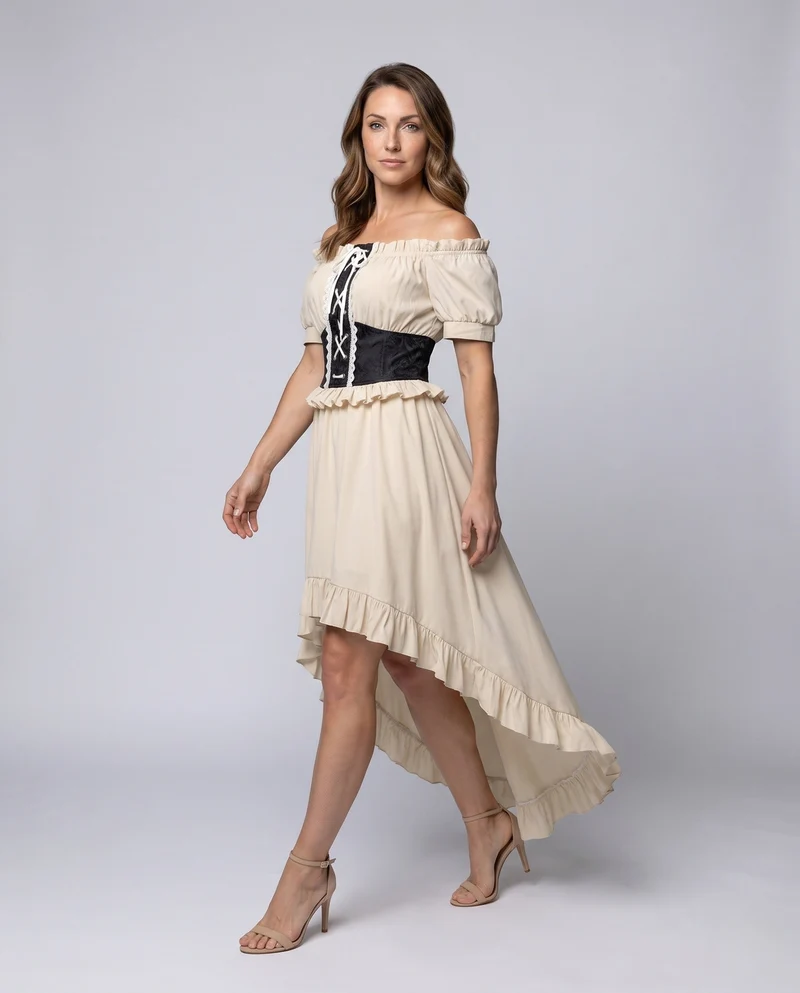 Damen Off-Shoulder Maxi Kleid mit Rüschen und Detail Drunet Schnürbund Drune