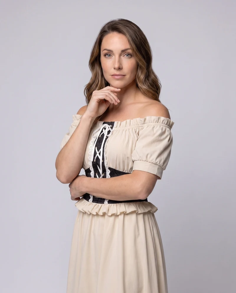 Damen Off-Shoulder Maxi Kleid mit Rüschen und Detail Drunet Schnürbund Drune