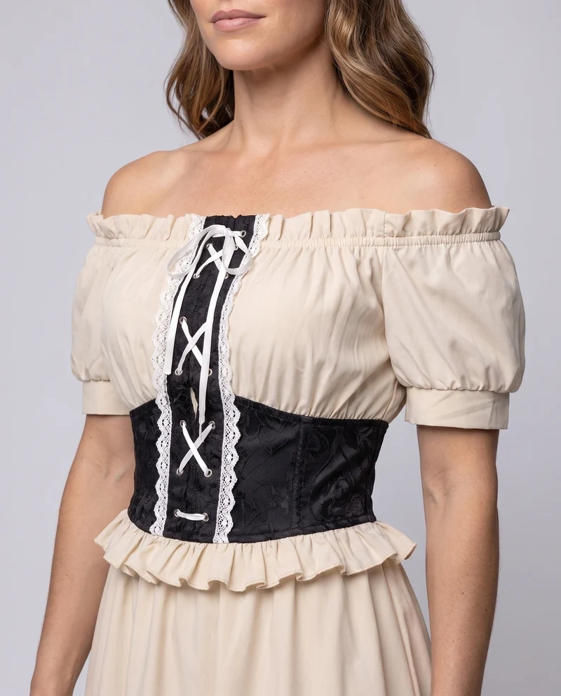 Damen Off-Shoulder Maxi Kleid mit Rüschen und Detail Drunet Schnürbund Drune