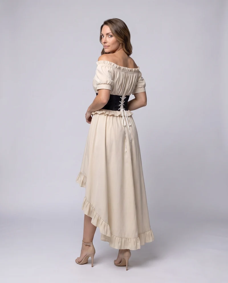 Damen Off-Shoulder Maxi Kleid mit Rüschen und Detail Drunet Schnürbund Drune
