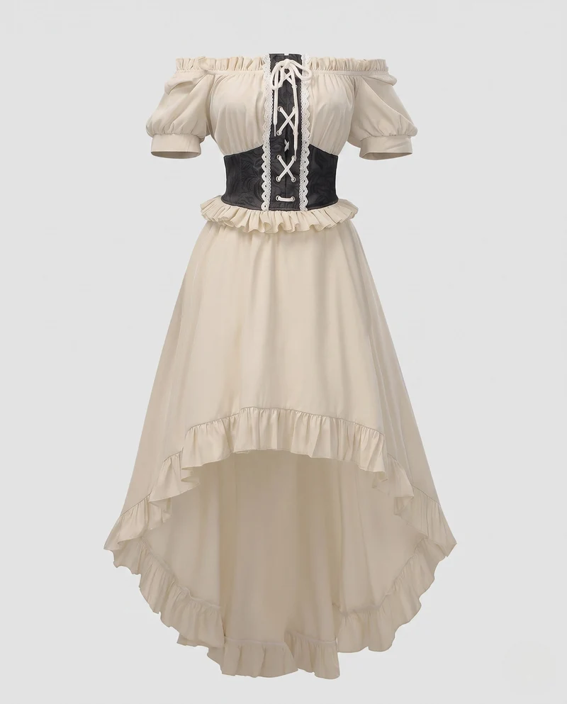 Damen Off-Shoulder Maxi Kleid mit Rüschen und Detail Drunet Schnürbund Drune