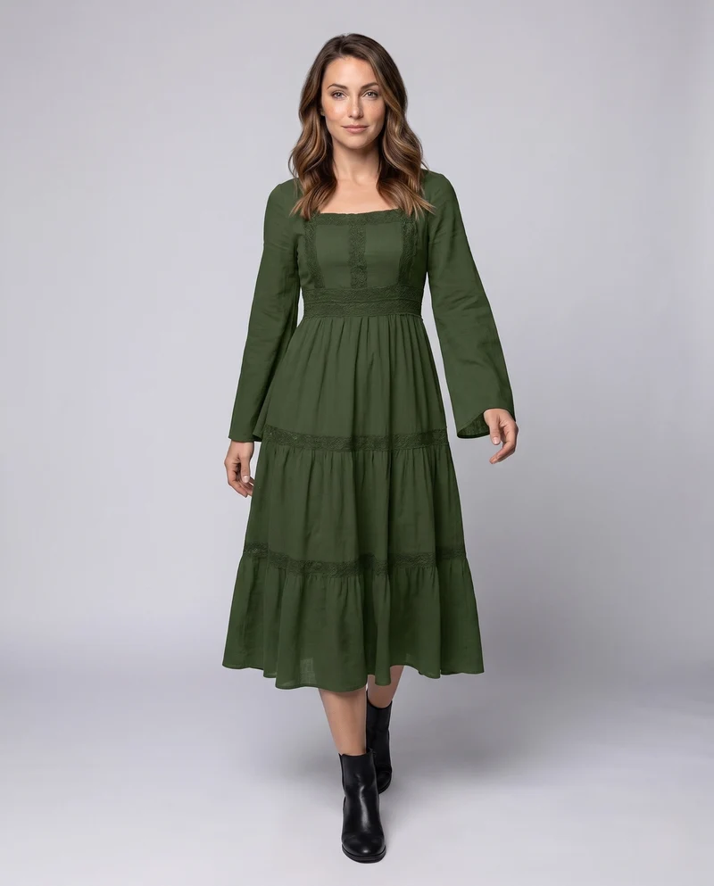 Damen Romantisches Boho Maxi Kleid mit Weiten Ärmeln und Spitzenakzenten Drune